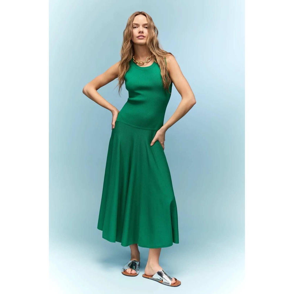 Plan C Knit Fit And Flare Midi Dress Green Sleeveless Stretch Womens Size S